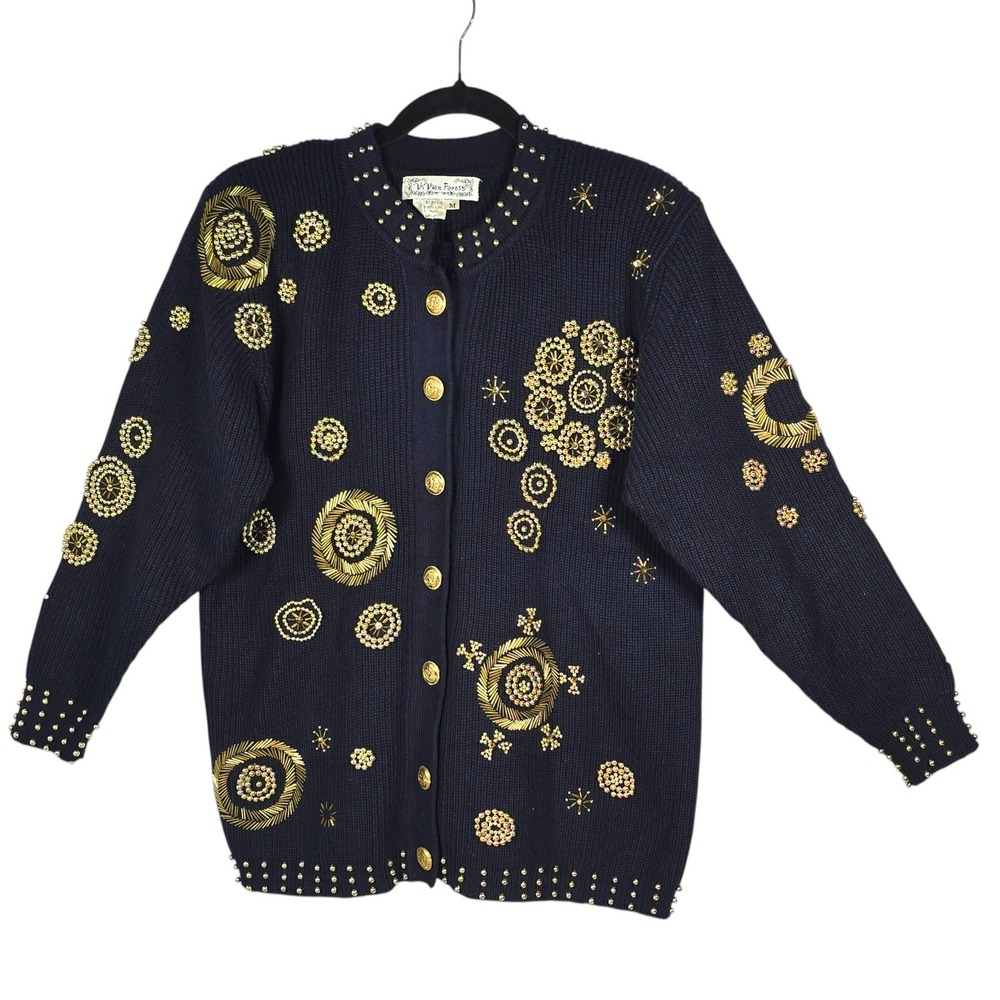 ViVien Forest Vintage Navy Blue Beaded Gold Sunburst Cardigan Sweater Womens M